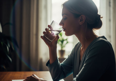 A young woman is captured in profile, sitting indoors and taking a deliberate sip of clean, fresh water from a clear glass, highlighting concepts of hydration, wellness, and self care in a tranquil setting.の素材