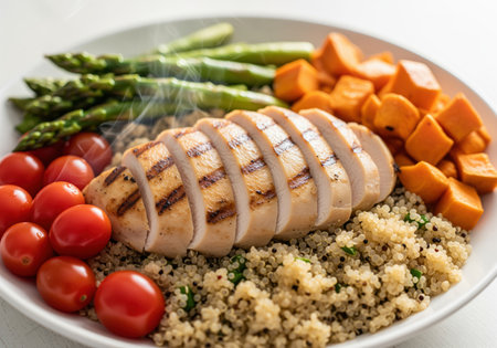 A close up view of a healthy balanced meal featuring sliced grilled chicken breast served over quinoa alongside steamed asparagus spears diced sweet potatoes and fresh cherry tomatoes with visible steam risingの素材