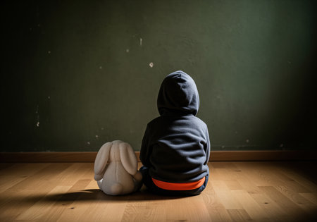 Young child in a dark hooded sweatshirt sits alone on a wooden floor next to a stuffed rabbit toy, facing a dark distressed wall, emphasizing themes of isolation, sadness, and vulnerability.の素材