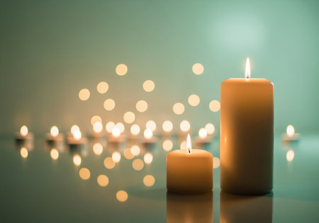 Two illuminated pillar candles of different sizes stand on a reflective surface, casting a warm glow against a soft teal background filled with shimmering golden bokeh lights, creating a peaceful atmosphere.の素材