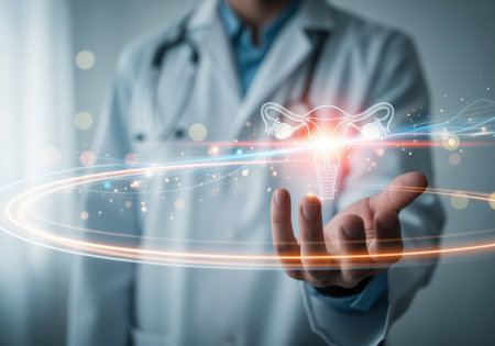 A healthcare professional in a white coat holds out a hand displaying a glowing digital hologram of the female reproductive system including the uterus and ovaries, symbolizing advanced gynecology and future medical technology.の素材