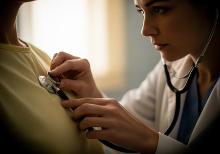 Focused female doctor performs a medical examination, using a stethoscope to listen carefully to the heart and lungs of a patient during a professional healthcare consultation.の素材