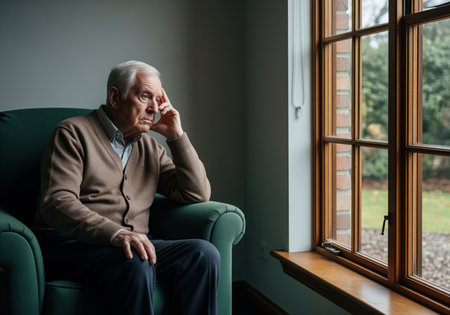 Sad senior man sitting alone in a comfortable green armchair next to a wooden window frame, looking pensive and lonely while contemplating his life and aging.の素材