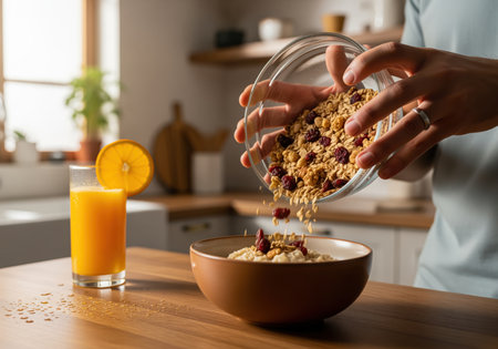 Hands pour crunchy granola and dried fruit from a glass bowl into warm oatmeal, situated on a wooden kitchen counter next to a refreshing glass of orange juice, emphasizing healthy morning nutrition.の素材