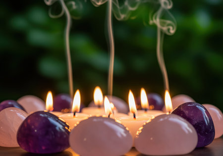 Several small white candles are burning brightly, emitting thin trails of smoke, surrounded by smooth tumbled stones of purple amethyst and pink rose quartz, symbolizing spiritual wellness and relaxation.の素材