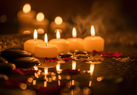 Several lit tea light candles and smooth black basalt stones are arranged with red rose petals floating on a reflective water surface, creating a warm, tranquil, and luxurious atmosphere for spa and wellness.の素材
