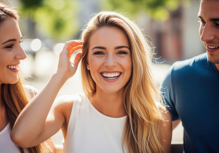 A beautiful young blonde woman smiles and laughs brightly while enjoying a casual outdoor conversation with her friends on a sunny day.の素材