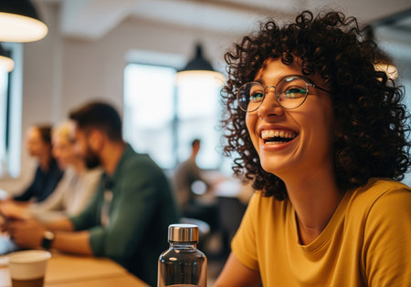 A joyful young professional woman with curly hair and round glasses is captured laughing heartily while participating in a casual business meeting with blurred colleagues seated around a wooden table in a modern office.の素材