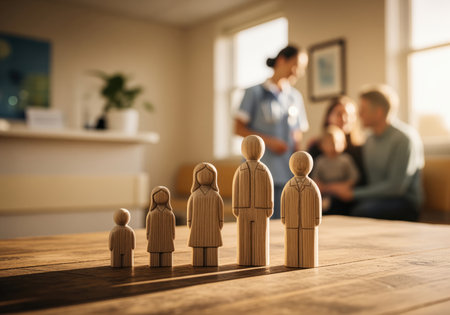 Five wooden figures representing a family stand on a wooden table, symbolizing health insurance and financial protection, with a blurred nurse consulting a family in a warm, sunlit clinic reception area in the background.の素材