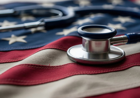 A close up view shows the metal diaphragm of a blue medical stethoscope resting on the folded fabric of the american flag, representing the intersection of medicine, national policy, and healthcare in the united states.の素材