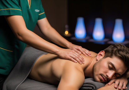 Young man receives a relaxing back and shoulder massage from a professional therapist in a dimly lit luxury spa setting with ambient blue lighting and aromatherapy diffusers.の素材