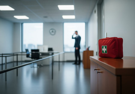 A red first aid kit is prominently displayed on a wooden cabinet in a clean, modern corporate office boardroom, emphasizing workplace safety and emergency preparedness, with a blurred businessman standing nearby.の素材