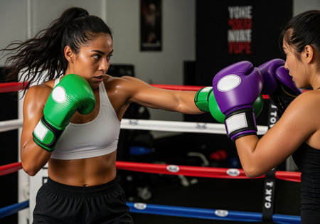 Two athletic women wearing colorful boxing gloves are intensely engaged in sparring inside a boxing ring, demonstrating power and dedication during a high intensity fitness workout.の素材