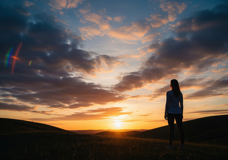 A solitary woman is silhouetted while standing on a grassy hilltop, looking out over the expansive landscape toward the breathtaking golden sunset and dramatic cloudy sky.の素材
