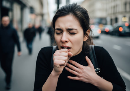 A young woman suffering from a severe coughing fit covers her mouth and grips her chest in pain while standing on a busy city street with blurred traffic and pedestrians in the background.の素材