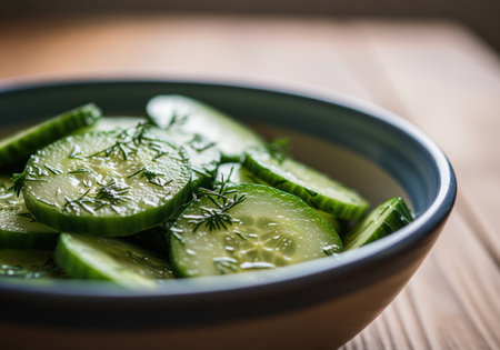 Refreshing sliced cucumber salad seasoned with fresh dill is presented in a rustic ceramic serving bowl resting on a light brown wooden surface, emphasizing healthy eating and natural ingredients.の素材