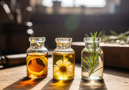 Three small glass vials containing natural essential oils infused with lemon peel, chamomile flower, and fresh rosemary sprigs, illuminated by warm sunlight on a rustic wooden surface for aromatherapy.の素材
