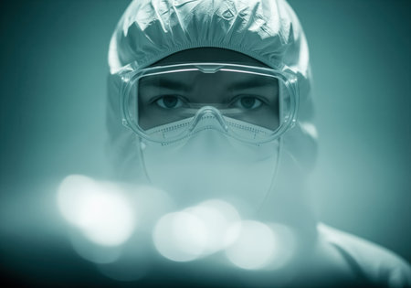 Medical professional wearing a full white protective hazmat suit, respirator mask, and safety goggles is captured in a dramatic close up, highlighting crisis, research, and safety protocols.の素材