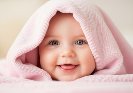 Sweet newborn baby smiling happily with tongue sticking out while wrapped snugly in a soft pink hooded towel after bath time, looking directly at the camera with bright eyes.の素材