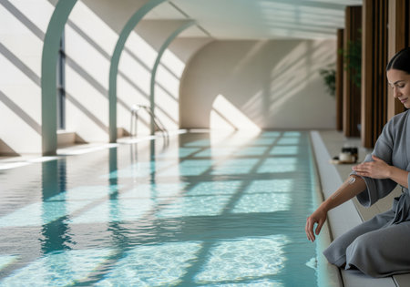 A woman wearing a comfortable grey bathrobe applies moisturizing body cream to her arm while sitting beside a luxurious indoor swimming pool in a modern spa or wellness center, emphasizing self care and relaxation.の素材