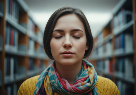 A focused young woman with her eyes gently closed stands centered in a university library aisle, wearing a yellow sweater and colorful scarf, symbolizing deep concentration or quiet study.の素材