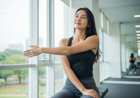 Attractive young asian woman seated in a modern gym stretching her arm across her chest, preparing for a workout session focused on health, wellness, and a fit lifestyle.の素材