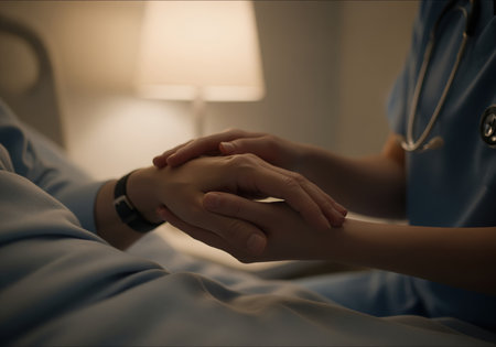 A compassionate healthcare worker gently holds the hand of a patient lying in a hospital bed, providing emotional support, empathy, and comfort during a difficult time in a dimly lit room.の素材