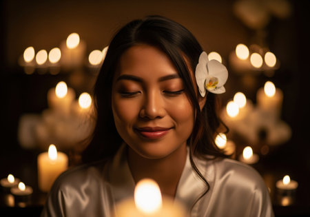 Close up portrait of a serene young asian woman with an orchid in her hair relaxing in a luxurious spa environment surrounded by warm glowing candlelight and soft bokeh.の素材
