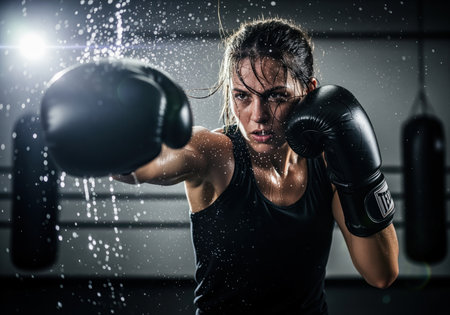 Powerful female boxer wearing black gloves throws a strong punch during an intense training session inside a dimly lit boxing gym, with sweat and water droplets flying dramatically around her face and fist.の素材
