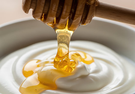 Thick golden honey streams slowly from a wooden dipper, creating a sweet, sticky layer over a swirl of fresh, creamy white yogurt in a bowl, perfect for breakfast or healthy dessert.の素材