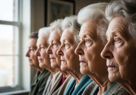 A continuous line of senior women is shown in profile view, featuring gray hair and wrinkled faces, standing closely together in a row and looking contemplatively toward a bright window or light source.の素材