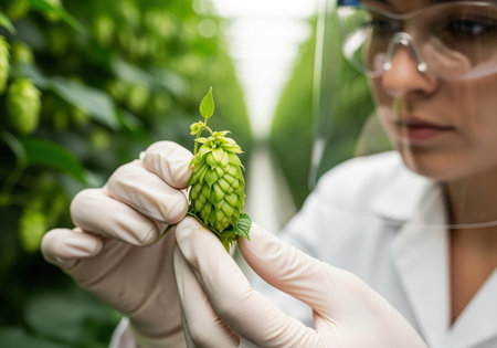 A female scientist wearing protective gloves and safety glasses closely inspects a fresh green hop cone, analyzing its quality and characteristics within a modern agricultural research facility or commercial hopyard.の素材