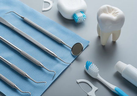 Essential stainless steel dental instruments, including a mirror and probes, are arranged next to a large molar tooth model, toothbrush, toothpaste, and dental floss on a blue medical drape.の素材