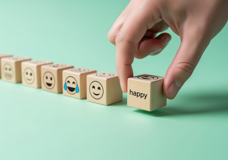 A hand selects a wooden cube labeled happy and featuring a smiling emoji face, positioned in a line with other blocks displaying various emotional expressions on a smooth green surface.の素材