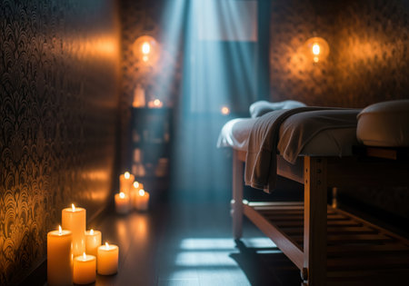 Tranquil luxury spa room interior featuring a wooden massage table illuminated by clusters of glowing candles and warm ambient lighting, creating a cozy and relaxing wellness atmosphere for therapy.の素材