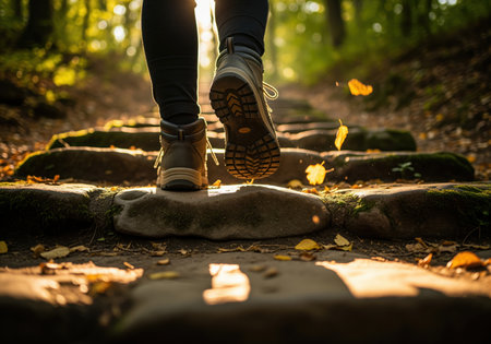 Close up of trekking boots ascending natural stone steps covered in moss and autumn leaves on a forest path, illuminated by warm golden hour sunlight filtering through the dense canopy.の素材