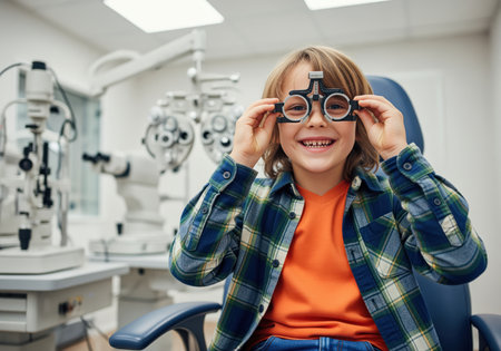 A cheerful young boy is sitting in a medical chair and smiling brightly while holding a diagnostic trial frame up to his eyes during a routine vision examination in a clean modern optical clinic.の素材