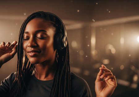Young african woman with long dreadlocks wears headphones, smiling with eyes closed while enjoying music and rhythm in a warm, dark, atmospheric setting with bokeh lights.の素材
