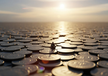 A miniature man sits silhouetted on a single coin amidst a vast, endless landscape of currency, reflecting the golden light of a setting sun, representing financial abundance, opportunity, and global investment scale.の素材