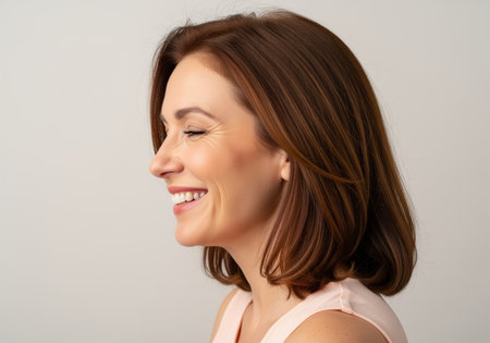 Mature woman in profile view laughing heartily with eyes closed, displaying a genuine and natural expression of happiness and joy against a simple studio background.の素材