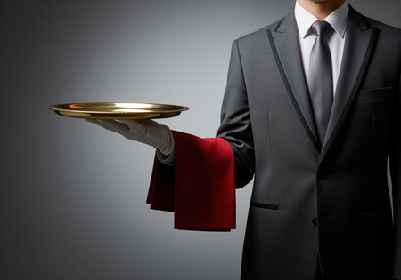 A professional waiter dressed in a dark grey tuxedo and white gloves holds an empty, polished golden serving tray, ready to provide high class service in a luxury hospitality setting.の素材