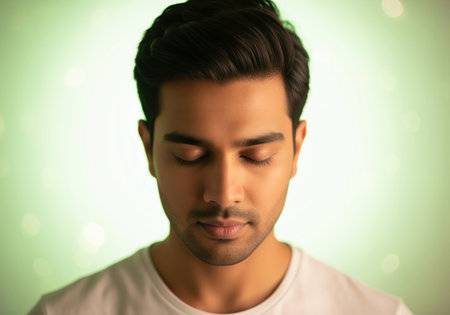A handsome young indian man in a white shirt closes his eyes in deep meditation or concentration, standing calmly against a vibrant, softly lit green studio background with subtle bokeh effects.の素材
