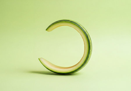Curved segment of fresh green melon rind isolated on a light green studio background. The minimalist still life highlights healthy food, natural fruit, and organic ingredients, conveying concepts of healthy nutrition and vibrant freshness.の素材