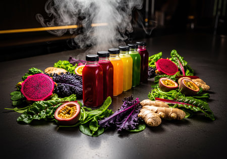 Assortment of healthy fruit and vegetable juice bottles in various colors, surrounded by fresh ingredients like dragon fruit, passion fruit, ginger, and green leafy vegetables, with steam rising. Focus on freshness, nutrition, and wellness.の素材