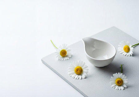 Empty white ceramic bowl, minimalist still life, surrounded by fresh daisy flowers on a light gray textured board. Clean and natural composition with negative space.の素材