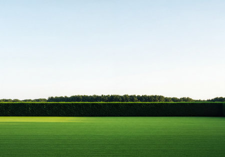 Expansive, perfectly manicured green lawn extends to a dense, tall hedge. A line of distant trees rises above the hedge, set against a bright, clear blue sky. Serene and minimalist landscape with abundant negative space.の素材