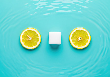 Two golden yellow lemon slices and a single white cube are floating symmetrically on a vibrant aqua blue-green water surface with subtle ripples, viewed from directly above.の素材