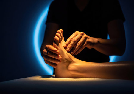 Close up of a woman's foot receiving a therapeutic massage from a therapist's hands. The scene is lit with dramatic blue light, emphasizing relaxation, wellness, and professional care.の素材