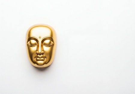 Serene golden Buddha face isolated on a white background, symbolizing peace, meditation, and spiritual well-being. Perfect for tranquil concepts.の素材