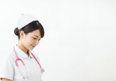 Young Asian woman nurse wearing a white uniform and a pink stethoscope around her neck, gently smiling while looking down. Professional healthcare worker embodying care.の素材